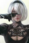  1girl absurdres black_hairband blindfold blindfold_slip bob_cut breasts cleavage cleavage_cutout commentary_request geminiliuyouchang gloves grey_eyes hair_over_one_eye hairband highres lips looking_at_viewer nier_(series) nier_automata portrait short_hair simple_background solo upper_body yorha_no._2_type_b 