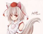  1girl animal_ears bare_shoulders dated detached_sleeves hat inubashiri_momiji kawara_koishi leaf looking_at_viewer maple_leaf pom_pom_(clothes) red_eyes short_hair signature silver_hair solo tail tokin_hat touhou wide_sleeves wolf_ears wolf_tail 
