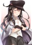  1girl anchor black_gloves black_hair black_hat black_skirt blush cosplay crossed_arms gangut_(kantai_collection) gangut_(kantai_collection)_(cosplay) gloves gradient gradient_background grey_jacket hat hatsushimo_(kantai_collection) jacket juurouta kantai_collection long_hair looking_at_viewer open_clothes open_jacket open_mouth pleated_skirt red_background red_eyes shirt skirt solo twitter_username unbuttoned unbuttoned_shirt white_shirt 