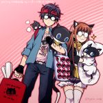  1boy 1girl :3 black_hair blush cat cat_ears curly_hair glasses headband headphones jacket kurusu_akira long_hair merchandise morgana_(persona_5) orange_hair persona persona_5 sakura_futaba short_hair thigh-highs tyeinn-suineryuu 