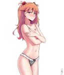  1girl blue_eyes blush breasts covering covering_breasts crossed_arms groin j_adsen long_hair looking_at_viewer medium_breasts navel neon_genesis_evangelion orange_hair solo souryuu_asuka_langley topless twintails white_background 