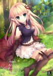  1girl arisa_(shadowverse) blonde_hair boots breasts cape elbow_gloves elf forest gloves green_eyes hair_ribbon high_heel_boots long_hair looking_at_viewer medium_breasts mitha nature open_mouth pointy_ears ribbon shadowverse skirt solo thigh-highs thigh_boots 