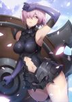  1girl bare_shoulders breasts commentary_request cowboy_shot fate_(series) highres medium_breasts navel ng_(chaoschyan) pink_hair shielder_(fate/grand_order) shiny shiny_skin short_hair solo standing stomach 