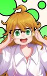  1girl 71 ahoge amaama_to_inazuma bespectacled child cosplay costume_switch glasses green_eyes holding holding_glasses inuzuka_tsumugi long_hair oversized_clothes 