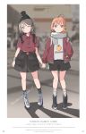  2girls ;) absurdres ahoge backpack bag bangs beanie belt black_hat black_skirt blue_eyes blush bow braid clothes_writing copyright_name earrings english full_body grey_hair grey_scarf hair_bow hair_ornament hairpin hand_holding hand_in_pocket hat high_tops highres jacket jewelry long_sleeves looking_at_viewer love_live! love_live!_sunshine!! multiple_girls one_eye_closed orange_hair pocket qianqian red_eyes red_shirt shirt short_sleeves side_braid skirt smile socks standing takami_chika watanabe_you wristband yellow_bow 
