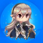 1girl armor blush cape chibi closed_mouth female_my_unit_(fire_emblem_if) fire_emblem fire_emblem_heroes fire_emblem_if full_body gloves hairband long_hair magister_(medical_whiskey) my_unit_(fire_emblem_if) pointy_ears red_eyes silver_hair solo sword weapon white_hair 
