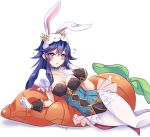  1girl animal_ears blue_eyes blue_hair blush bunny_girl bunny_tail bunnysuit carrot detached_collar fake_animal_ears fire_emblem fire_emblem:_kakusei fire_emblem_heroes fishnet_pantyhose fishnets full_body long_hair looking_at_viewer lucina open_mouth pantyhose rabbit_ears solo tail wrist_cuffs 