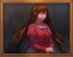  1girl brown_hair christon-clivef dress hands_together ib lady_in_red_(ib) long_hair painting_(object) portrait red_dress red_eyes smile 