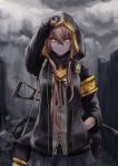  1girl absurdres adjusting_clothes armband bag brown_eyes brown_hair clouds cloudy_sky duffel_bag fingerless_gloves girls_frontline gloves glowing glowing_eyes gun h&amp;k_ump hair_between_eyes heckler_&amp;_koch highres hood hood_up jacket leris_muma long_hair looking_at_viewer scar scar_across_eye scarf skirt sky smile solo submachine_gun ump45_(girls_frontline) weapon 