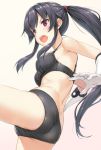  &gt;:o 1girl :o ass black_bra black_hair black_panties bra breasts cowboy_shot gloves gradient gradient_background kantai_collection leg_lift medium_breasts outstretched_arms panties ponytail red_eyes sidelocks simple_background solo strap_gap takayaki taut_clothes underwear underwear_only white_gloves yahagi_(kantai_collection) 