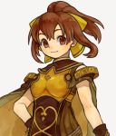  1girl bare_shoulders bow bracelet braid breastplate brown_hair cape dyute_(fire_emblem) fire_emblem fire_emblem_echoes:_mou_hitori_no_eiyuuou grey_background highres jewelry long_hair ponytail simple_background solo upper_body yanedx 
