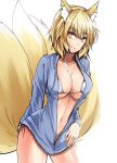  1girl alternate_costume animal_ears bangs bikini bikini_under_clothes blonde_hair breasts cleavage collarbone commentary_request cowboy_shot fox_ears fox_girl fox_tail highres large_breasts long_sleeves looking_at_viewer multiple_tails navel open_clothes open_shirt parted_lips shirt short_hair solo stomach swimsuit tail touhou white_bikini y2 yakumo_ran yellow_eyes 