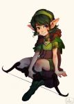  1girl blue_eyes boots bow cape capelet dress flower full_body green_hair hair_flower hair_ornament looking_to_the_side luisa_rafidi pointy_ears rose saria short_hair short_sleeves simple_background sitting smile solo the_legend_of_zelda the_legend_of_zelda:_ocarina_of_time white_background white_rose 