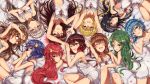 6+girls alternate_costume black_hair blonde_hair blue_eyes blue_hair blush brown_eyes brown_hair camisole closed_eyes commentary_request crescent crescent_hair_ornament from_behind fumizuki_(kantai_collection) glasses green_eyes green_hair hair_ornament highres kantai_collection kikuzuki_(kantai_collection) kisaragi_(kantai_collection) long_hair looking_at_viewer lying mikazuki_(kantai_collection) minazuki_(kantai_collection) mochizuki_(kantai_collection) multiple_girls mutsuki_(kantai_collection) nagatsuki_(kantai_collection) natsu_narumi on_back on_side open_clothes petals purple_hair red-framed_eyewear red_eyes redhead satsuki_(kantai_collection) short_hair silver_hair uzuki_(kantai_collection) yayoi_(kantai_collection) yellow_eyes 