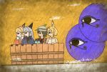  4girls animal_ears backpack bag bare_shoulders black_bow black_bowtie black_eyes black_gloves black_hair black_shirt blazer blonde_hair bow bowtie breast_pocket brown_eyes brown_shoes bucket_hat cerulean_(kemono_friends) closed_mouth commentary_request crack egyptian_art elbow_gloves ezo_red_fox_(kemono_friends) fox_ears from_side gloves hat hat_feather high-waist_skirt highres jacket kaban_(kemono_friends) kemono_friends kita_(7kita) long_hair lucky_beast_(kemono_friends) multiple_girls necktie pocket profile red_shirt serval_(kemono_friends) serval_ears serval_print serval_tail shirt shoes short_hair short_sleeves shorts silver_fox_(kemono_friends) silver_hair single_eye sitting skirt sleeveless sleeveless_shirt striped_tail tail tub white_bow white_bowtie white_shirt white_shoes white_shorts yellow_background yellow_necktie 