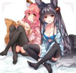  2girls animal_ears bell black_bow black_legwear blush bow breasts cleavage crossover erun_(granblue_fantasy) fate/extra fate/grand_order fate_(series) fox_ears fox_tail granblue_fantasy hair_bell hair_ornament jewelry long_braid long_hair looking_at_viewer medium_breasts multicolored_hair multiple_girls necklace parted_lips pink_hair red_eyes reina_(black_spider) shirt striped striped_shirt tail tamamo_(fate)_(all) tamamo_no_mae_(fate) thigh-highs yellow_eyes yuel_(granblue_fantasy) 