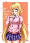  1girl absurdres alternate_costume bespectacled blonde_hair blue_eyes blush box breasts dress_shirt fate/grand_order fate_(series) gift gift_box glasses happy_valentine head_tilt highres large_breasts long_hair looking_at_viewer necktie pink_sweater plaid plaid_skirt pleated_skirt rai_(newtype_xm-x1) ruler_(fate/apocrypha) school_uniform semi-rimless_glasses shirt skirt smile solo sweater under-rim_glasses very_long_hair 