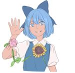  1girl blue_eyes blue_hair bow cirno eyebrows_visible_through_hair flower hair_between_eyes hair_bow hand_up looking_at_viewer mefomefo plant short_hair simple_background smile solo sunflower tanned_cirno touhou upper_body vines white_background 