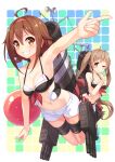  2girls adapted_costume bikini blush breasts brown_hair commentary_request grin hairband kantai_collection long_hair medium_breasts multiple_girls murasame_(kantai_collection) navel one_eye_closed open_mouth red_hairband shinonome_haru shiratsuyu_(kantai_collection) short_hair shorts smile swimsuit twintails white_shorts 