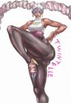  1girl arms_(game) ass bare_shoulders blonde_hair bracelet character_name dark_skin drill_hair earrings green_eyes high_heels highres hips jewelry leg_lift lips long_hair mask multicolored_hair nail_polish pink_hair simple_background solo thick_thighs thighs twin_drills twintelle_(arms) uya_(yurukah) very_long_hair white_background 