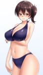  1girl 3:&lt; alternate_costume arm_at_side bikini blue_bikini blush breast_hold breasts brown_eyes brown_hair cleavage commentary_request highres kaga_(kantai_collection) kantai_collection keita_(tundereyuina) large_breasts looking_to_the_side navel side_ponytail sideboob solo swimsuit 