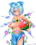  1girl alternate_costume bangs bare_shoulders blue_bow blue_eyes blue_hair bow carrying chikuwa_savi cirno closed_eyes collarbone flower food fruit hair_bow ice ice_wings looking_at_viewer melon morning_glory navel one_eye_closed sarong short_hair smile solo standing strapless tanned_cirno touhou tubetop twitter_username wings 