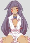  1girl animal_ears bare_legs barefoot breasts clearite cleavage cup eyebrows_visible_through_hair eyeliner facial_mark fate/grand_order fate_(series) flipped_hair grey_background hair_between_eyes hair_ornament large_breasts looking_at_viewer makeup mug naked_shirt nitocris_(fate/grand_order) pink_eyes purple_hair shirt simple_background sitting sleeves_past_wrists solo steam thighs unbuttoned unbuttoned_shirt wariza 