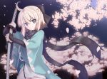  1girl ahoge black_bow black_scarf blonde_hair bow cherry_blossoms cowboy_shot fate/grand_order fate_(series) grey_background hair_between_eyes hair_bow highres holding holding_sword holding_weapon japanese_clothes mizuki_saeka outdoors sakura_saber scarf sheath sheathed shinsengumi short_hair short_hair_with_long_locks sidelocks solo sword tree weapon 