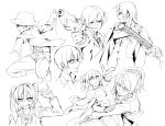  6+girls ayase_eli carrying evil_grin evil_smile finger_gun finger_gun_to_head formal from_above gloves greyscale grin gun hair_between_eyes handgun hat highres holding holding_knife hoshizora_rin jacket_on_shoulders katana knife kousaka_honoka lineart long_hair looking_at_viewer looking_up love_live! love_live!_school_idol_project low_twintails monochrome multiple_girls necktie pistol ponytail shoes short_hair simple_background sizuka_(takuma0) sketch smile sonoda_umi squatting suit sword toujou_nozomi trigger_discipline twintails weapon white_background yazawa_nico 