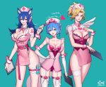 3girls adapted_costume ahri animal_ears arm_tattoo artist_name bangs bare_shoulders belt blonde_hair blue_eyes blue_hair blunt_bangs blush bow bow_legwear breasts choker citemer cleavage clipboard closed_mouth collarbone collared_dress commentary contrapposto corset cowboy_shot cross cross_print crossover detached_collar dress elbow_gloves english eyes_visible_through_hair fingernails fox_ears garter_straps gloves gluteal_fold green_background groin hair_between_eyes hair_bow hair_ornament hairpin hand_on_hip hand_on_own_chest hand_up hat heart heart_choker heart_hair_ornament high_ponytail holding large_breasts league_of_legends leg_garter legs_together leotard lipstick long_fingernails looking_at_viewer makeup medium_breasts mercy_(overwatch) multiple_girls nail_polish neck_ribbon nose nurse nurse_cap open_mouth overwatch pink_belt pink_bow pink_dress pink_hat pink_lips pink_lipstick pink_nails pink_ribbon purple_ribbon re:zero_kara_hajimeru_isekai_seikatsu red_leotard red_nails rem_(re:zero) ribbon round_teeth short_dress short_hair short_wings shoulder_pads simple_background single_wing skindentation sleeveless sleeveless_dress smile standing strapless strapless_leotard syringe tassel tattoo teeth thigh-highs thigh_strap upper_teeth white_bow white_choker white_gloves white_legwear wing_collar wings wrist_cuffs x_hair_ornament yellow_eyes 