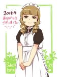  1girl 2016 airi_(schatzkiste) apron arii_erice bangs black_dress blunt_bangs border bow brown_eyes brown_hair bush center_frills closed_mouth copyright_name curly_hair dated dress eyelashes fingernails flower frilled_apron frilled_hairband frills green_border hair_ornament hairband highres long_hair looking_at_viewer maid maid_apron outdoors outside_border own_hands_together pink_lips puffy_short_sleeves puffy_sleeves ringlets schatzkiste shiny shiny_hair shisetsu_toshokan_schatzkiste_e_youkoso!_erice_to_yu_kaina_meido-tachi short_sleeves sidelocks smile solo tareme translation_request white_apron white_background white_bow white_hairband 
