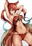  1girl animal_ears armpits arms_up bare_shoulders breasts bunching_hair bustier cerberus_(shingeki_no_bahamut) cleavage closed_mouth cowboy_shot dog_ears gluteal_fold groin hair_between_eyes inaba_sunimi long_hair looking_at_viewer medium_breasts navel panties red_eyes red_panties redhead shingeki_no_bahamut smile solo stomach twintails underwear very_long_hair 