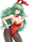  1girl ;o alternate_costume animal_ears armpits bangs bare_shoulders blown_kiss bow bowtie breasts bunny_girl bunnysuit cleavage contrapposto covered_navel cowboy_shot detached_collar fake_animal_ears fishnet_pantyhose fishnets green_eyes green_hair hand_on_hip highres kazami_yuuka kazami_yuuka_(pc-98) large_breasts leotard long_hair looking_at_viewer one_eye_closed pantyhose parted_lips rabbit_ears red_bow red_bowtie red_leotard sideboob solo touhou touhou_(pc-98) very_long_hair wavy_hair wrist_cuffs y2 