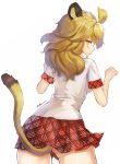  1girl animal_ears antlers bibiko blonde_hair blush breasts gluteal_fold kemono_friends lion_(kemono_friends) lion_ears lion_tail long_hair looking_at_viewer looking_back paw_pose pleated_skirt shirt short_sleeves simple_background skirt solo tail white_background 