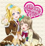  2girls ;d absurdres ayase_eli blonde_hair blue_eyes blush bow brown_hair brown_jacket earrings eyebrows_visible_through_hair green_bow hair_bow hair_ornament hand_on_another&#039;s_shoulder heart heart_earrings high_ponytail highres jewelry ld long_hair looking_at_viewer love_live! minami_kotori multiple_girls necktie one_eye_closed one_side_up open_mouth red_necktie shirt smile waving white_shirt 