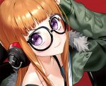  &gt;:) 1girl arm_up bangs bare_shoulders black-framed_eyewear blunt_bangs blush closed_mouth collarbone commentary_request from_above fur_collar fur_trim glasses green_jacket headphones jacket lips long_hair looking_at_viewer looking_up open_clothes open_jacket orange_hair persona persona_5 red_background round_glasses sakura_futaba sidelocks simple_background smile solo tank_top tareme upper_body yan&#039;yo_(yan&#039;yan&#039;yo) 