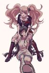  2girls apron bandage_on_knee bandaged_leg bandages bangs bear_hair_ornament black_footwear black_hair black_shirt blonde_hair blue_eyes blue_skirt boots bow breasts closed_eyes collarbone collared_shirt dangan_ronpa_(series) dangan_ronpa_2:_goodbye_despair dress_shirt enoshima_junko hair_ornament highres knee_boots large_breasts long_hair lower_teeth miniskirt mole mole_under_eye multiple_girls open_mouth pink_shirt puffy_short_sleeves puffy_sleeves r37_k53 red_bow red_nails red_skirt shirt short_sleeves skirt sleeves_rolled_up tsumiki_mikan 