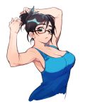  1girl adjusting_hair armpits arms_up bare_shoulders black-framed_eyewear blue_shirt breasts brown_eyes brown_hair cleavage collarbone fingernails glasses gokudou hair_bun large_breasts looking_at_viewer mei_(overwatch) overwatch semi-rimless_glasses shirt simple_background sleeveless solo tank_top thick_eyebrows tying_hair under-rim_glasses upper_body white_background 