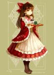  1girl apron boots bow brown_eyes brown_hair cross-laced_footwear frilled_sleeves frills hair_bow hair_tubes hakama hakama_skirt hakurei_reimu japanese_clothes keiko_(mitakarawa) kimono lace-up_boots maid_apron petticoat red_hakama red_kimono solo touhou tray wa_maid wide_sleeves 