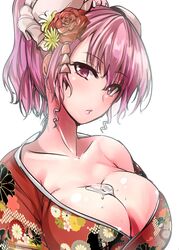  1girl alternate_costume alternate_hairstyle bangs between_breasts blush breasts bun_cover bust_cup cleavage collarbone double_bun earrings floral_print flower from_side hair_flower hair_ornament highres ibaraki_kasen japanese_clothes jewelry kimono large_breasts looking_at_viewer looking_to_the_side off_shoulder pink_eyes pink_hair ponytail revision sidelocks solo touhou upper_body y2 