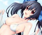  10s 1girl bikini blush breasts choujigen_game_neptune cleavage clouds collarbone hair_ribbon iwasi-r kami_jigen_game_neptune_v long_hair looking_at_viewer medium_breasts neptune_(series) noire open_mouth outdoors red_eyes ribbon shiny shiny_hair shiny_skin sky smile swimsuit twintails upper_body 