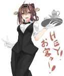  1girl ahoge alternate_costume black_bow black_bowtie black_vest bow bowtie breasts brown_hair commentary_request cup double_bun gloves hairband headgear highres kantai_collection kongou_(kantai_collection) light_brown_eyes medium_breasts nao_(qqqbb) open_mouth simple_background solo teapot translated v vest white_background white_gloves 