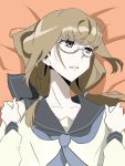  akuseru_(paranoiarseed) brown_hair glasses hands_on_another&#039;s_shoulders kiznaiver low_twintails maki_honoka parted_lips pov pov_hands school_uniform semi-rimless_glasses serafuku twintails under-rim_glasses 