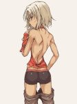  1girl 428 ass backless_outfit bare_back bare_shoulders brown_hair canaan canaan_(character) commentary_request dark_skin from_behind grey_background mouth_hold pants_pull simple_background solo sweatdrop underwear wanabeee white_hair 