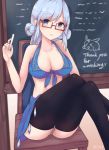  1girl :o bespectacled blue_eyes blue_hair blush breasts chair chalk chalkboard cleavage double_bun front-tie_top glasses head_tilt highres kinryuu large_breasts legs_crossed long_hair looking_at_viewer merc_storia midriff rectangular_glasses red-framed_eyewear semi-rimless_glasses sitting skirt solo stella_(merc_storia) under-rim_glasses 