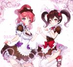  2girls absurdres animal_ears apron black_hair blush bow bra breasts cleavage frills garter_straps hair_bow hand_holding heart highres looking_at_viewer love_live! love_live!_school_idol_project maid maid_headdress mary_janes mogyutto_&quot;love&quot;_de_sekkin_chuu! multiple_girls nishikino_maki petals rabbit_ears red_eyes redhead shoes skirt skirt_lift smile thigh-highs ttaji_(pass35) twintails underwear violet_eyes wrist_cuffs yazawa_nico 
