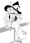  1girl :3 alternate_costume arm_support bow camisole casual contemporary hair_bow hair_ribbon hat hat_bow high_heels legs_crossed long_hair looking_at_viewer miniskirt on_fence ribbon sitting skirt smile solo touhou tress_ribbon witch_hat 