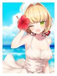  1girl ahoge blonde_hair breasts clouds day dress fate/extra fate_(series) flower green_eyes hair_flower hair_intakes hair_ornament hair_ribbon highres large_breasts munuko ocean one_eye_closed open_mouth red_flower red_ribbon ribbon saber_extra solo white_dress windowboxed 