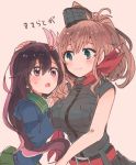  2girls black_dress blue_eyes breast_pocket brown_eyes brown_hair crescent crescent_moon_pin dress green_sailor_collar green_skirt hair_between_eyes hair_ornament hand_on_another&#039;s_head impossible_clothes itomugi-kun jacket kantai_collection kisaragi_(kantai_collection) long_hair multiple_girls neckerchief pleated_skirt pocket ponytail red_neckerchief remodel_(kantai_collection) saratoga_(kantai_collection) school_uniform serafuku side_ponytail skirt upper_body 