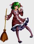  1girl absurdres bamboo_broom broom commentary_request dress full_body green_eyes green_hair highres kasodani_kyouko open_mouth pantyhose pink_dress shouting solo touhou zauberkugel635 